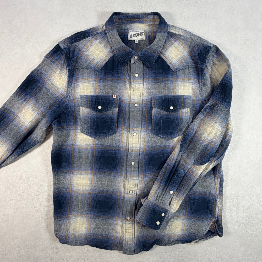 AND SONS Trading Co Mens XL Blue Plaid Western Flannel Pearl Snap Shirt B1660
